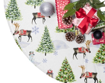 May include: White Christmas tree skirt with a festive design featuring reindeer, snowmen, pine trees, and snowflakes. The skirt is decorated with red and white gift boxes, pine cones, and a silver ornament.
