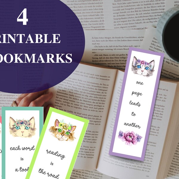 Cats with florals printable bookmarks |