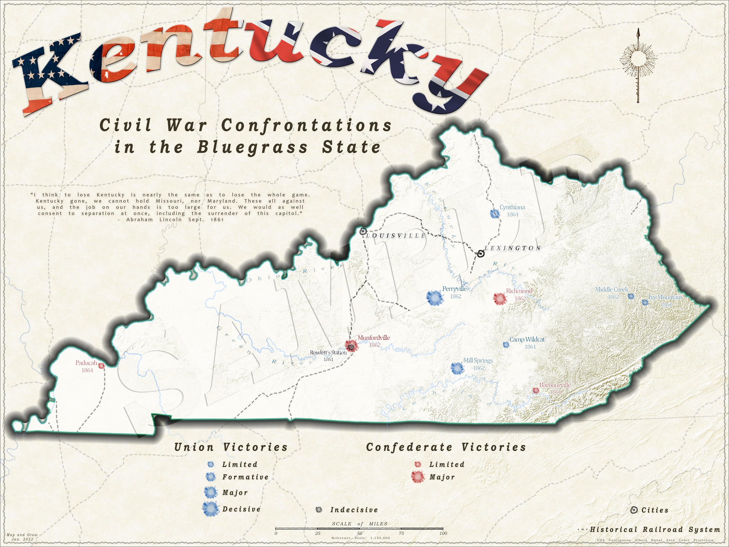 Aangepaste cartografische kaart van burgeroorlogconflicten in Kentucky