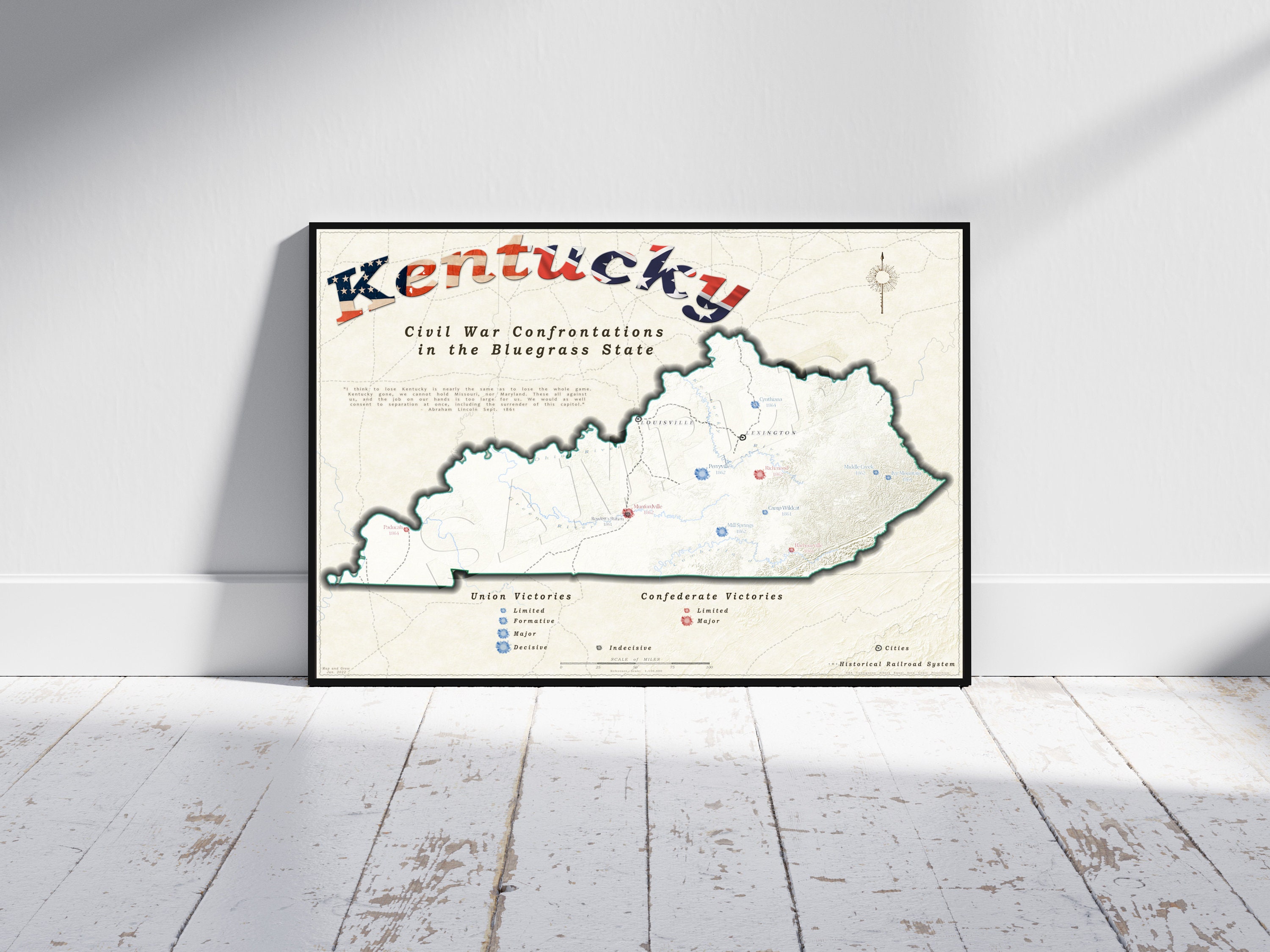 Custom Cartographic Map of Civil War Conflicts in Kentucky Etsy