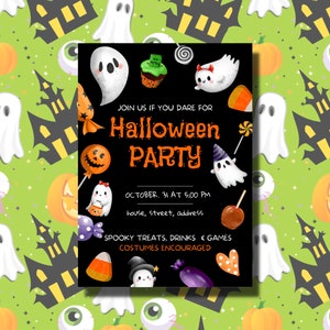 Personalizowane, zabawne zaproszenie na imprezę Halloween, duchy, dzieci, edytowalne, czarny, pomarańczowy, słodycze, kostiumy, babeczki