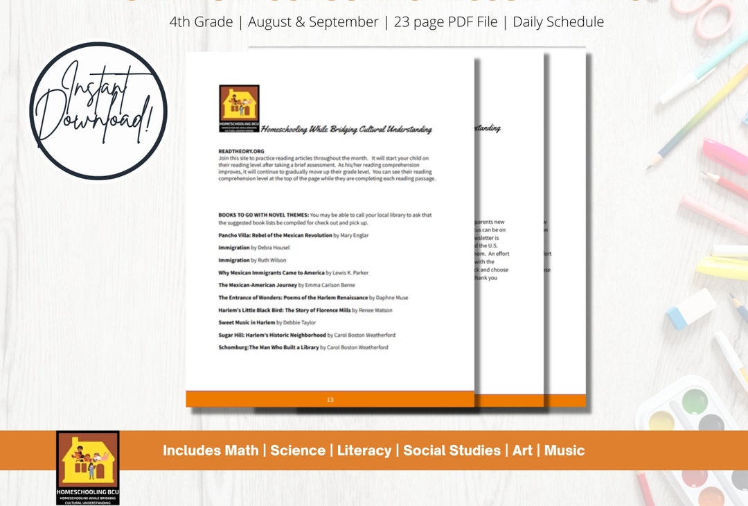 4th Grade Homeschooling Lesson Plans for August/september Includes Math ...
