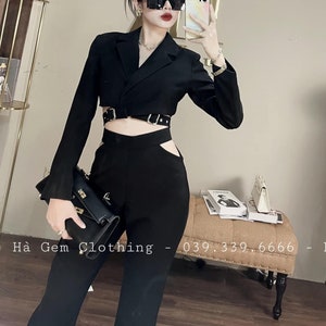 Black cut out cropped blazer and wide leg pants 2 piece pant suit set size S