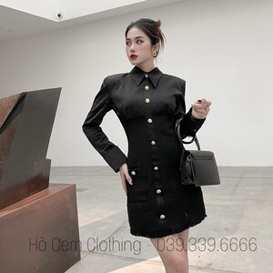 Elegant Classy Button Up Mini Long Sleeve Work Party Casual Tweed Silk Dress Size S