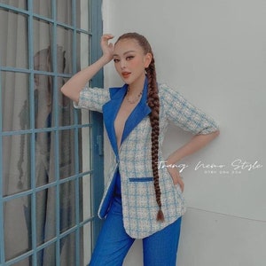 Work casual event party blazer tweed jacket and pants 2 piece set Small