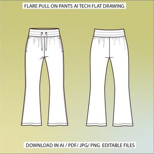 Flare Wide Leg Pull On Pants Fashion Flat Templates / Technical Drawings / Fashion CAD Designs for Adobe Illustrator / Fashion flat sketch