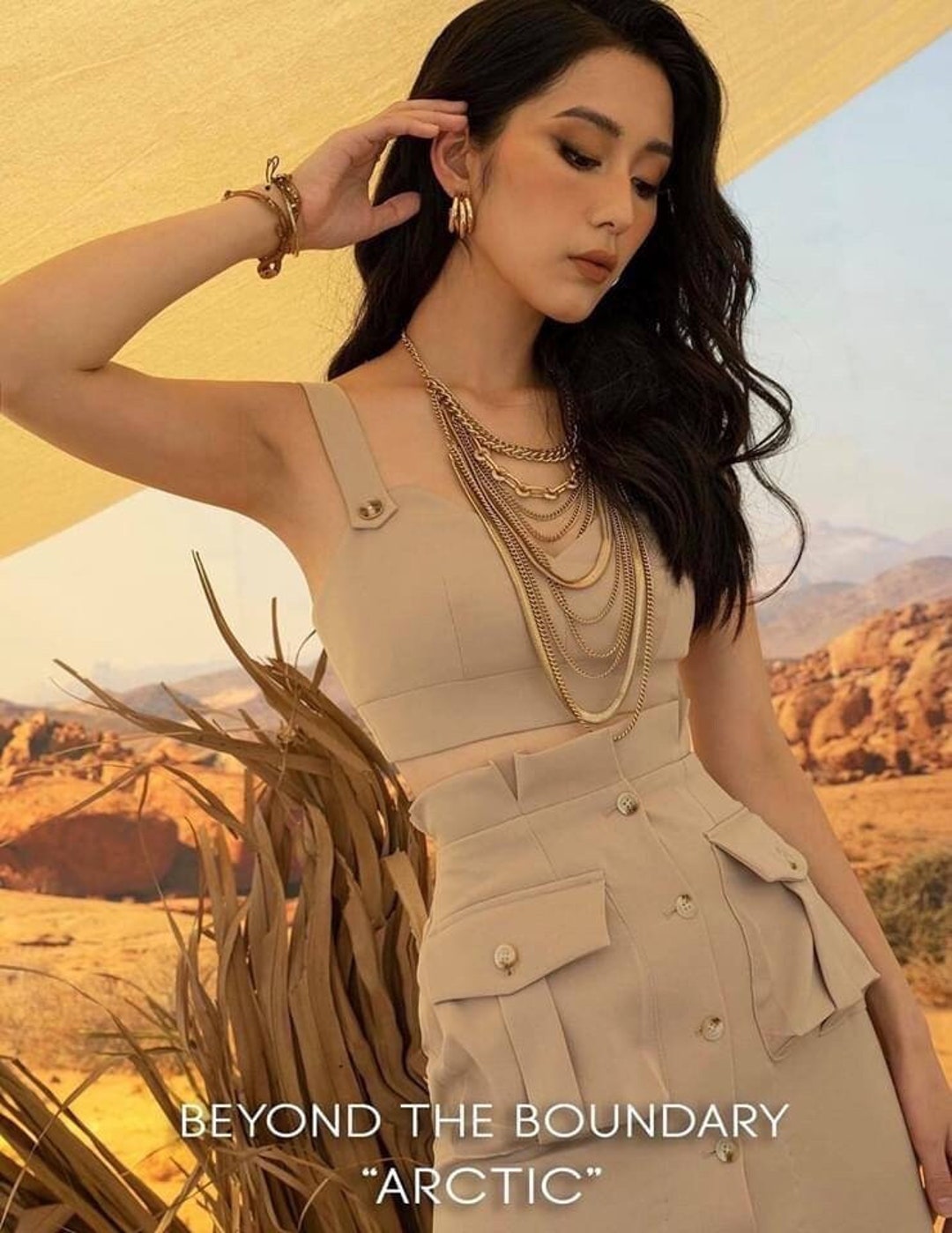 Two-Piece Set with Cropped Jacket and Midi Skirt - Beige main image 1