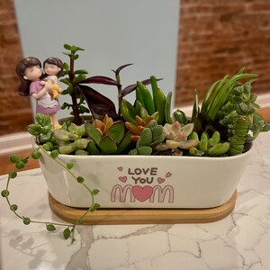May include: A white ceramic planter with the words "Love You Mom" and a pink heart. The planter is filled with succulents and has a small wooden base. Two small figurines of girls are in the planter.