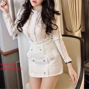 White mesh top and mini tweed skirt 2 piece set size M