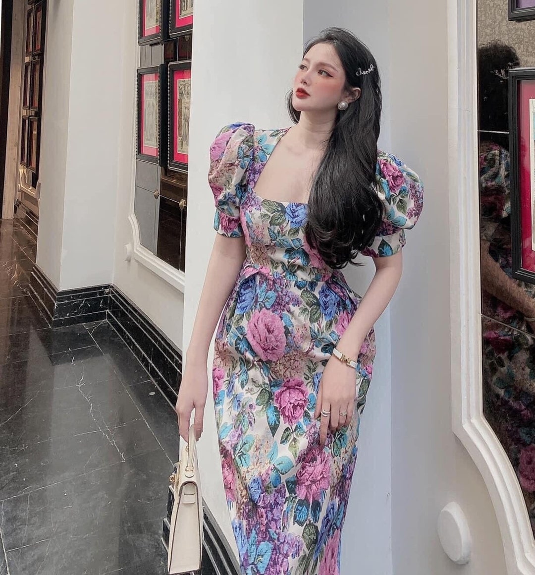 Blue Floral Midi Dress – Puff Sleeve Style main image 0