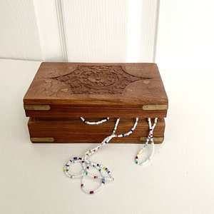 Vintage Hand Carved Wooden Tea Box: Indian Brass Inlay Trinket Box