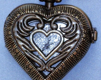 Small Vintage Style Heart Pocket Watch - Bronze Heart Numeral Pocketwatch - Necklace Ready To Wear With Chain