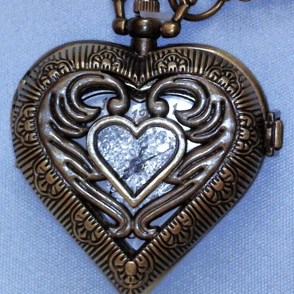 Small Vintage Style Heart Pocket Watch - Bronze Heart Numeral Pocketwatch - Necklace Ready To Wear With Chain