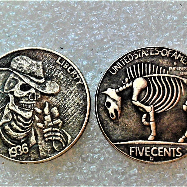 Hobo Coin - Smoking Skeleton Cowboy and on reverse Skeleton Buffalo Nickel