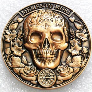 thumbnail image 2 of Tempus Fugit Coin Memento Mori Challenge Coin - Tempus Fugit Skull & Hourglass Design With Display Case Skull Hourglass Coin 2 of 11