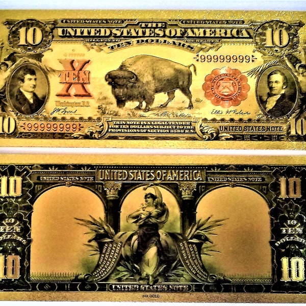 Buffalo & Bison ~ 10 Dollar Gold Color Foil Bill ~ U.S. Bearer Note ~ Novelty Note