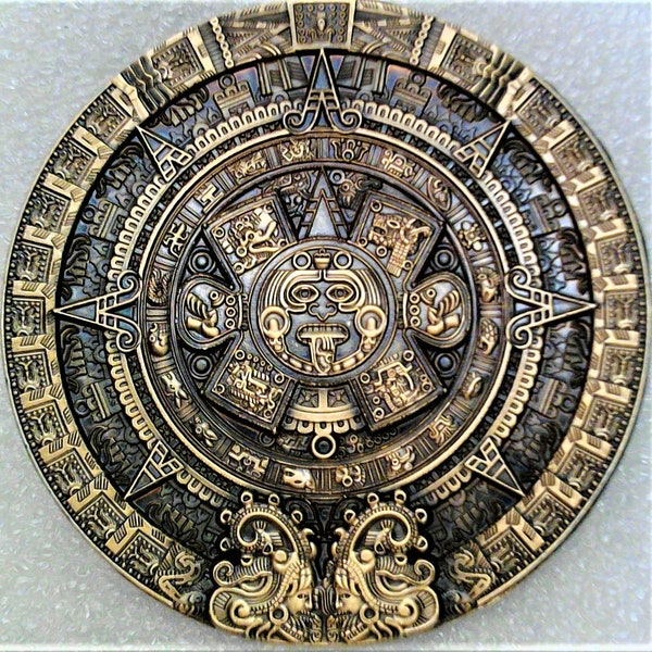 Bronze 3D Sun Worry Sun Stone Coin, back of Coin Bronze Aztec Mayan Pyramid Calendar Design, Commemorative Souvenir Coin, 80mm Wide - 5 Oz.