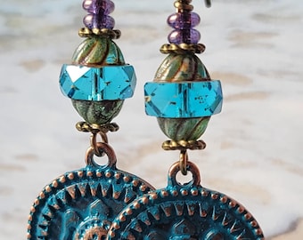 Bold Turquoise Sea Turtle Medallion Earrings
