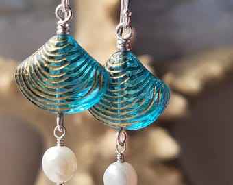 Aqua Shell Freshwater Pearl Dangle Earrings Sterling Silver Hooks