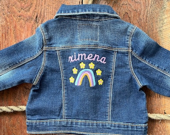 Rainbow Embroidered Baby/Toddler Denim Jacket | Personalized Denim Jacket with Name and Rainbow and Flowers | Rainbow Jacket | Flowers