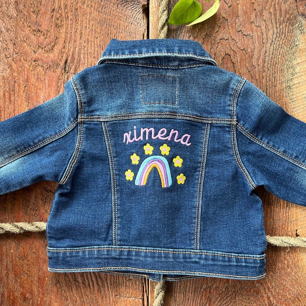 Rainbow Embroidered Baby/Toddler Denim Jacket | Personalized Denim Jacket with Name and Rainbow and Flowers | Rainbow Jacket | Flowers