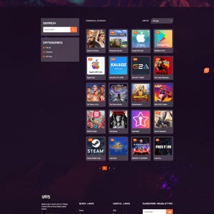 May include: A website screenshot displaying a range of digital gift cards and game codes for popular platforms such as Steam, Google Play, iTunes, and others. The website is called Gamers Hub and has a dark purple background with a bright orange logo.