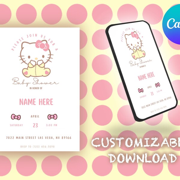 Kitty Baby Shower Invitation | Editable In Canva | Kawaii Baby Shower Invitation | Printable Template | Editable Download