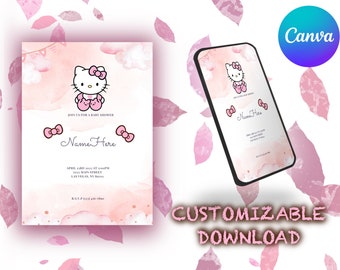 Kitty baby shower uitnodiging | Zelf bewerkbaar in Canva | Kawaii baby shower uitnodiging | Afdrukbare sjabloon | Bewerkbare download