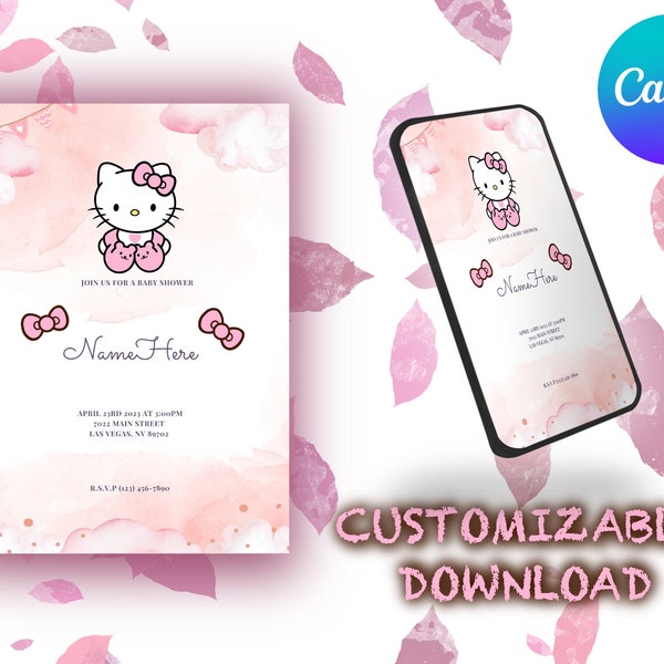 Kitty Baby Shower Invitation | Self Editable In Canva | Kawaii Baby Shower Invitation | Printable Template | Editable Download