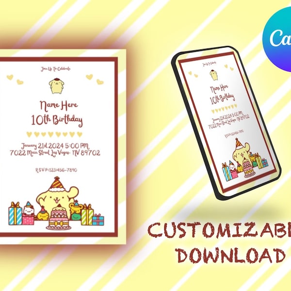 Kitty and Friends Party Invitation | Self-Editable In Canva | Kawaii Pup Birthday Invitation | Printable Template | Editable Download