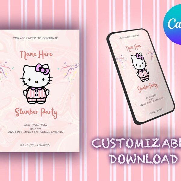 Kitty Sleepover Party Invitation | Self-Editable In Canva | Kawaii Slumber Party Birthday | Printable Template | Editable Download