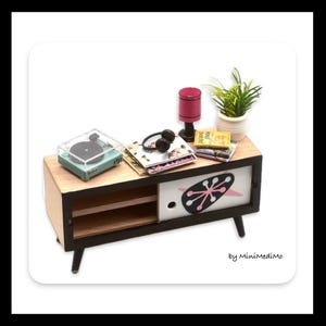 Miniature mid century credenza, 90s music, record player, headphones, vinyl 1/2 scale set