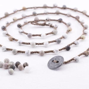 Howlite | Picasso Jasper | Matte | White | Grey | Handmade | Inligo Stone Crochet Ncklc | Gemstone | Precious | SemiPrecious | Simple | Mnml