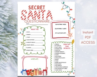 May include: A Secret Santa questionnaire with a festive design. The top reads "Secret Santa Questionnaire" in red and white striped letters. The form includes sections for personal details, a wish list, and interest checkboxes. Text on the right says "Instant PDF Access".