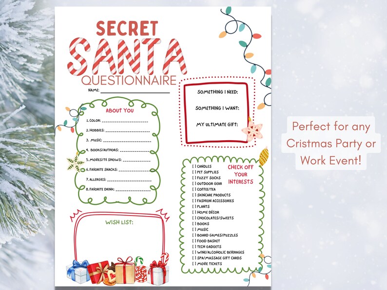 Secret Santa Questionnaire, Christmas Party, Work Secret Santa, Secret Santa Survey, Secret ...