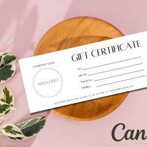 AÑADIR LOGO, Plantilla de certificado de regalo mínima, minimalista, certificado de regalo de bricolaje, vale de regalo editable, tarjeta de regalo imprimible, cupón