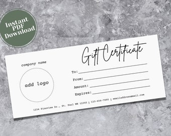 ADD LOGO, Minimal Gift Certificate Template, Minimalist, DIY Gift Certificate, Editable Gift Voucher, Printable Gift Card, Coupon