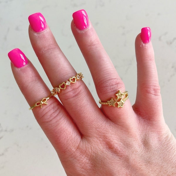 Gold CZ Rings, Gold Bow Ring, Gold Star Ring, Gold Heart Ring, Pave Cuff Ring, Trendy Gold Stacking Rings