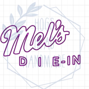 Puede incluir: Contorno rosa y negro del texto "Mel's" con el texto "Die-In" debajo.