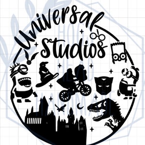 May include: Black and white silhouette design featuring popular Universal Studios characters and attractions, including the Hogwarts castle, a Jurassic Park dinosaur, a Minion, and the E.T. bike. The text "Universal Studios" is written in a stylized font.