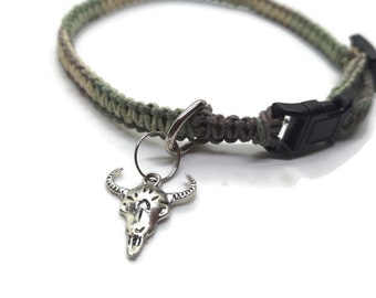 Cow Skull Charm - Hemp Cat Collars - 30 different color options - 3/8inch wide - Light Weight Cat Collar - Breakaway Clasp - Eco-friendly