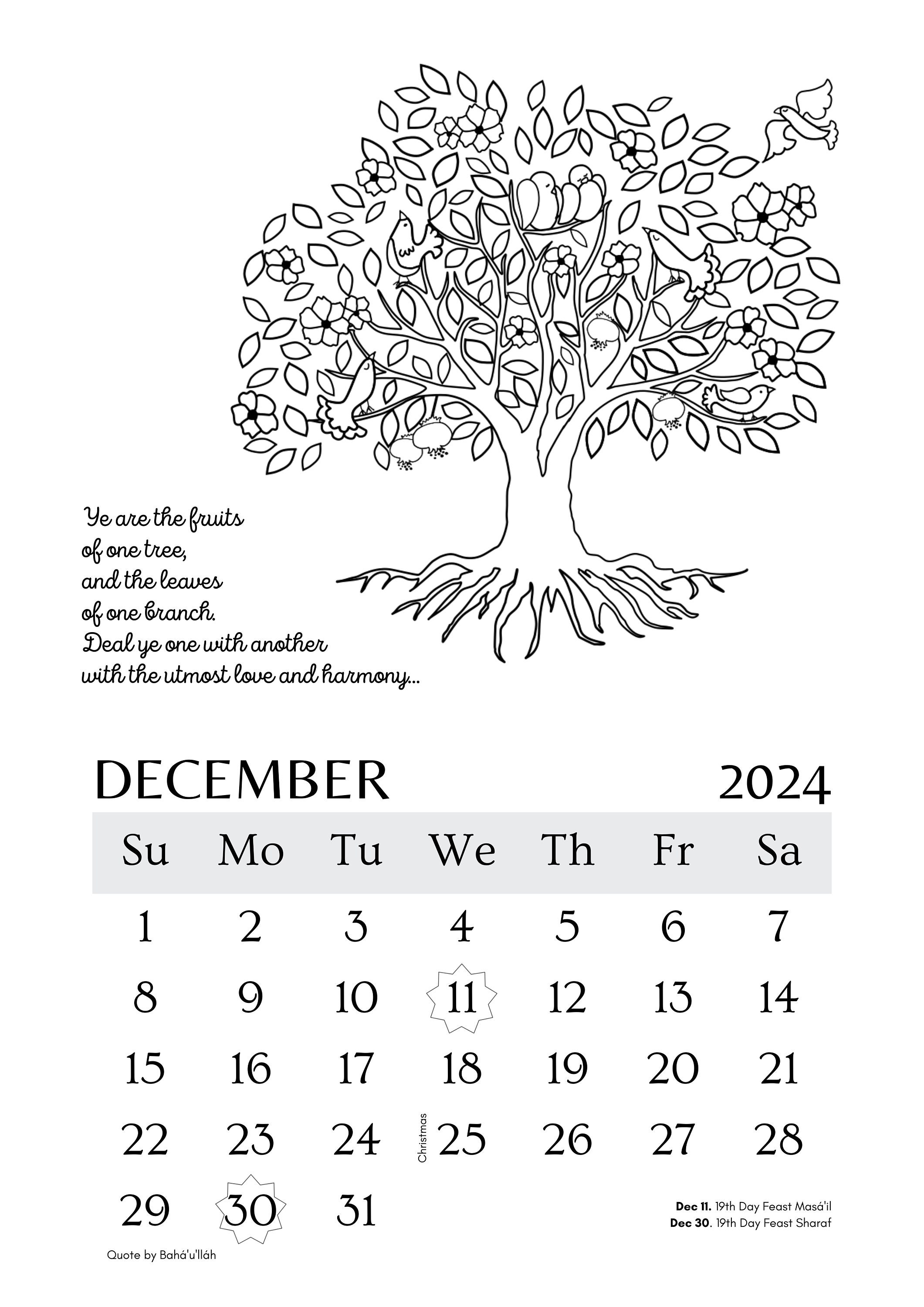 Baha'i Coloring Calendar 181 E.B. 20242025 download and Print Etsy