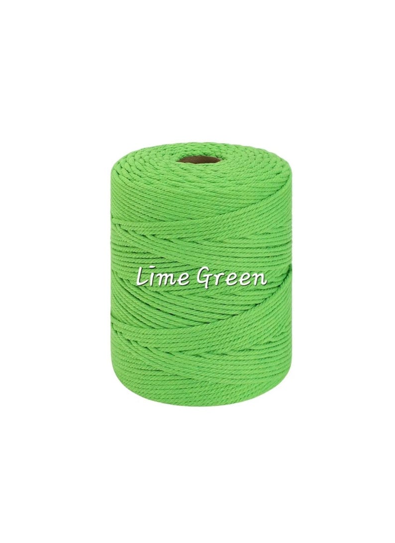 May include: A cylindrical spool of lime green macrame cord wound in a tight, continuous pattern. The cord has a twisted texture and a vibrant, solid color. The text "Lime Green" is printed in white across the center of the spool.