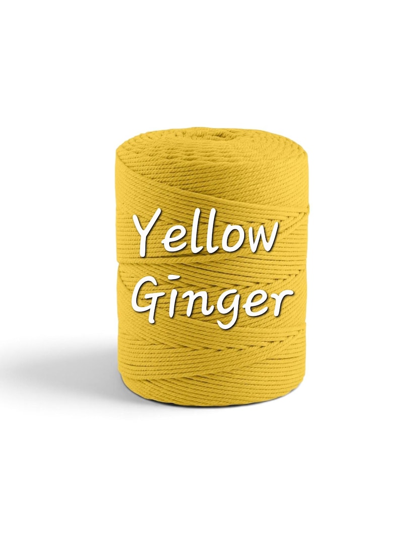 May include: A cylindrical spool of mustard yellow macrame cord wound in a tight, continuous pattern. The text Yellow Ginger is printed in white, sans-serif letters across the center of the cord spool, clearly visible against the yellow surface.
