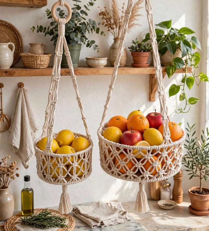 May include: Two off-white macrame hanging baskets with circular wooden rings at the top and decorative tassels at the bottom. The smaller basket holds yellow lemons, while the larger basket is filled with oranges, red apples, and yellow lemons.