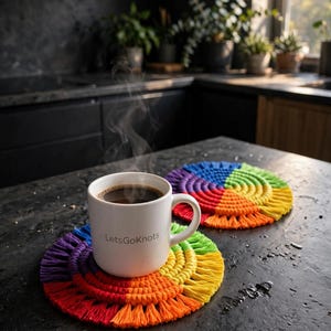 May include: A white ceramic mug with the text LetsGoKnots printed on the side, filled with a steaming dark beverage, resting on a round, rainbow-colored macrame coaster with fringe edges, next to a second identical rainbow macrame coaster.