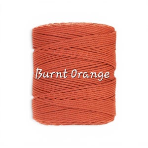 May include: A spool of thick, twisted cotton cord in a solid burnt orange color. The cord is wound in a tight, cylindrical shape with visible diagonal layers. The text Burnt Orange is printed in white across the center of the cord spool.