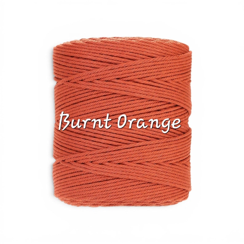 May include: A spool of thick, twisted cotton cord in a solid burnt orange color. The cord is wound in a tight, cylindrical shape with visible diagonal layers. The text Burnt Orange is printed in white across the center of the cord spool.