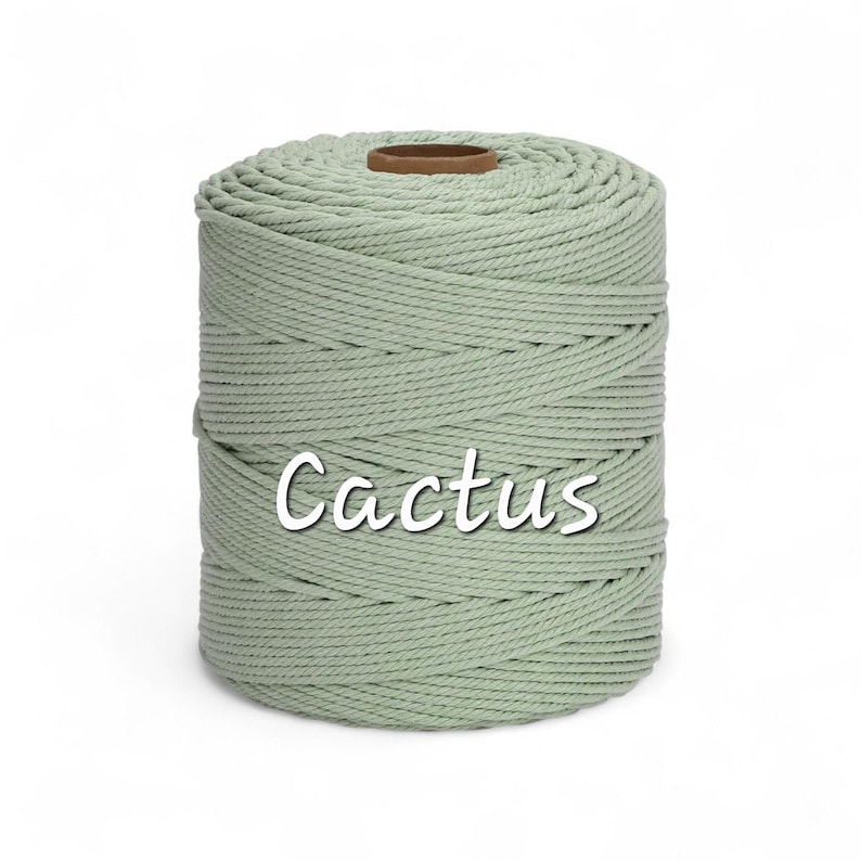May include: A cylindrical spool of light sage green macrame cord featuring a twisted rope texture. The word Cactus is printed in white script across the center of the spool, which has a brown cardboard core visible at the top center.