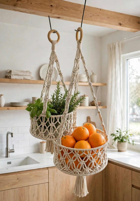 Boho Macrame Fruit / Vegetable hanging storage, hanging baskets,  van life,  space saver,  RV living, Hippie